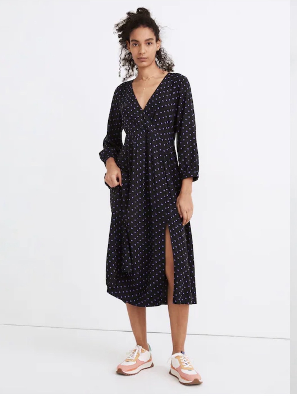 Madewell Polka Dot Midi Dress Black V Neck Long Sleeve Slit Front Casual